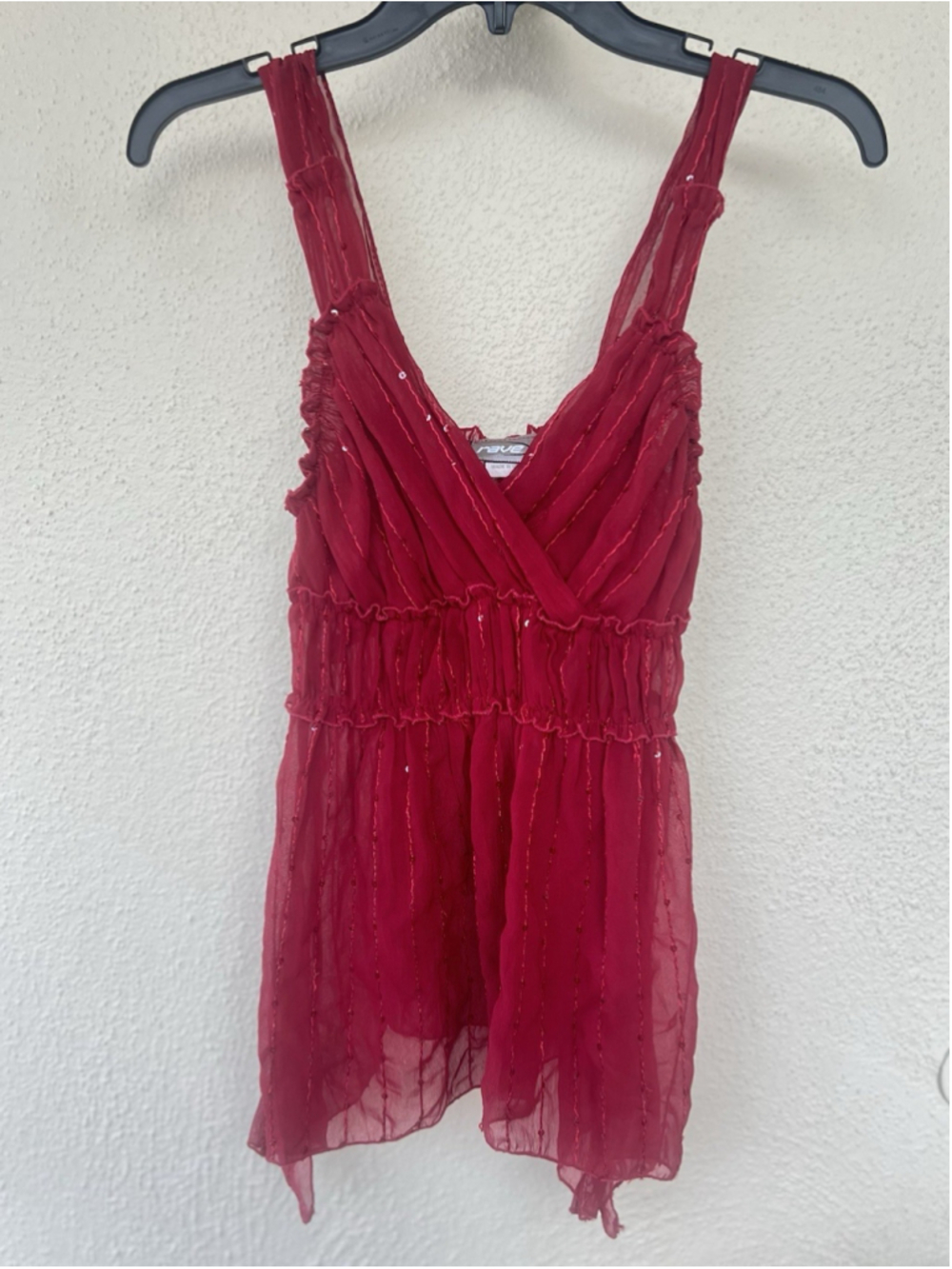 VTG Y2K Rave Sheer Sequin Embellished Handkerchief Babydoll Top 2XS Red USA Club